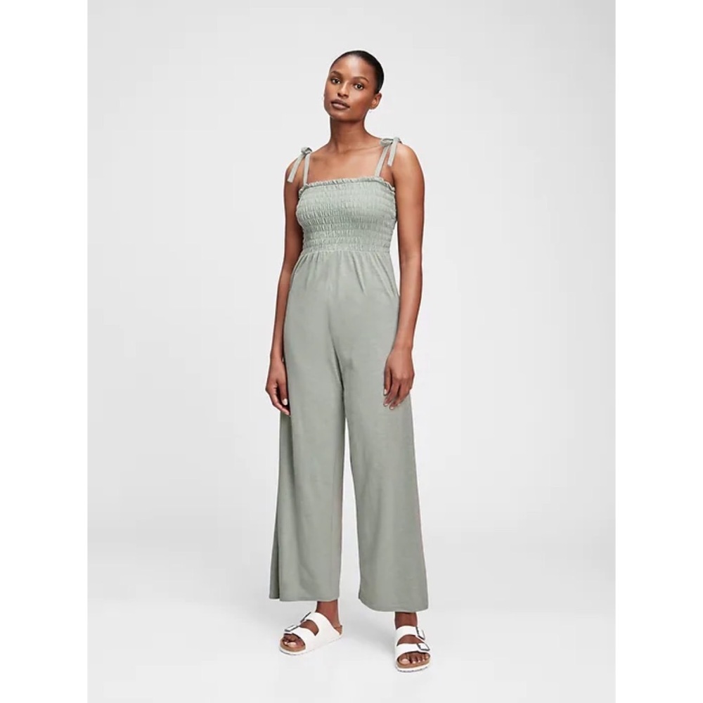 GAP Sage Green Smocked Jumpsuit with Tie Straps